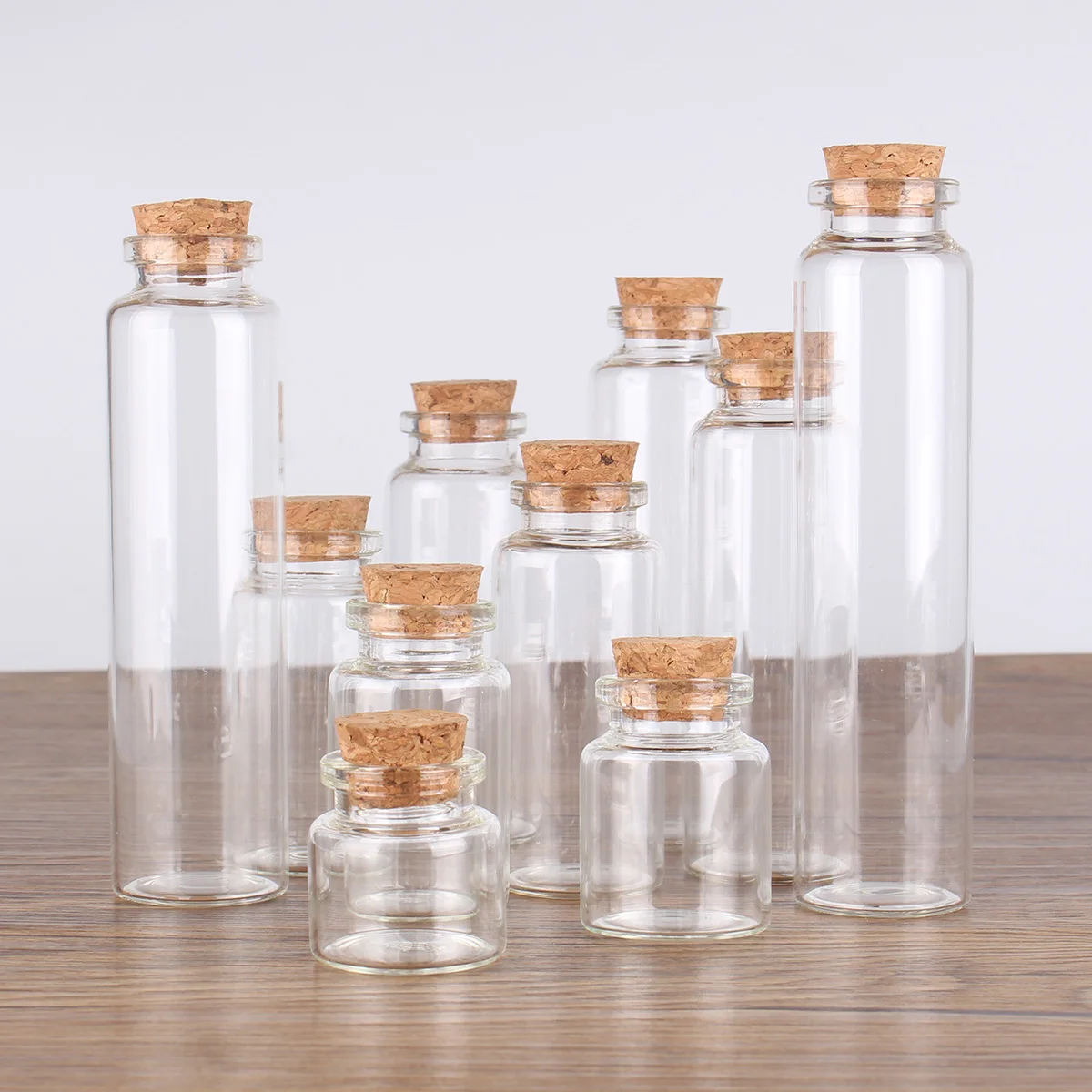 12 pieces/lot 10ml 15ml 20ml 25ml 30ml 40ml 45ml 50ml 55ml 60ml Glass Bottles With Cork Stopper Spice Jars Glass Vessels Crafts 4