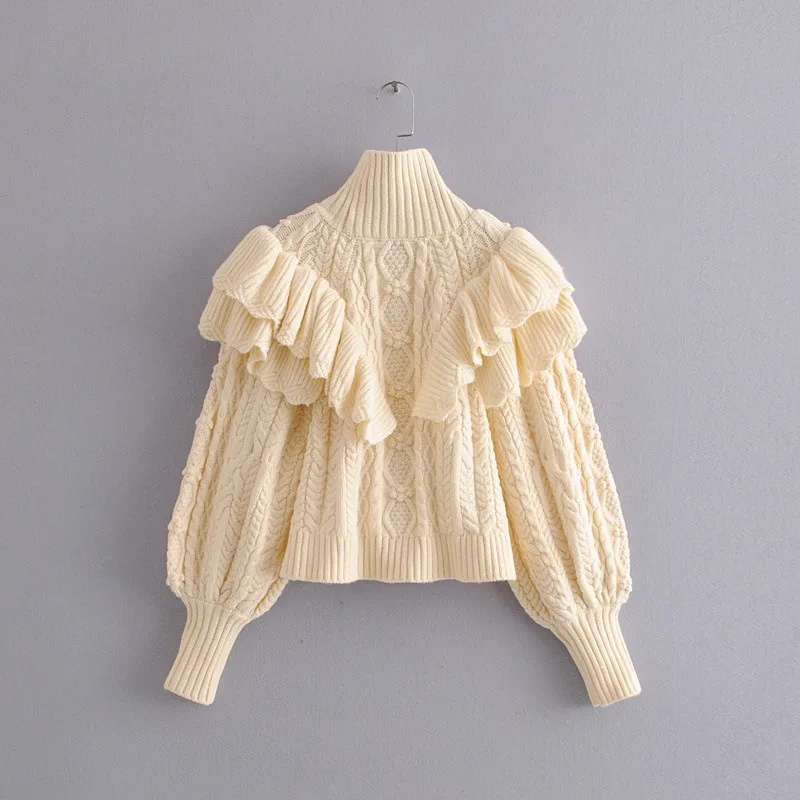Высокое качество Женские винтажные вязаные свитера с оборками в стиле пэчворк с длинными рукавами-фонариками вязаный пуловер Femme джемпер с высоким воротником - Цвет: Creamy-white