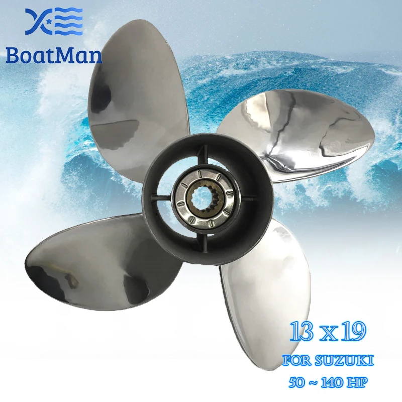 Outboard Propeller 13x19 For Suzuki Engine 50-140 HP Stainless Steel 15 Tooth splines Outlet Boat Parts 4 Blade LH