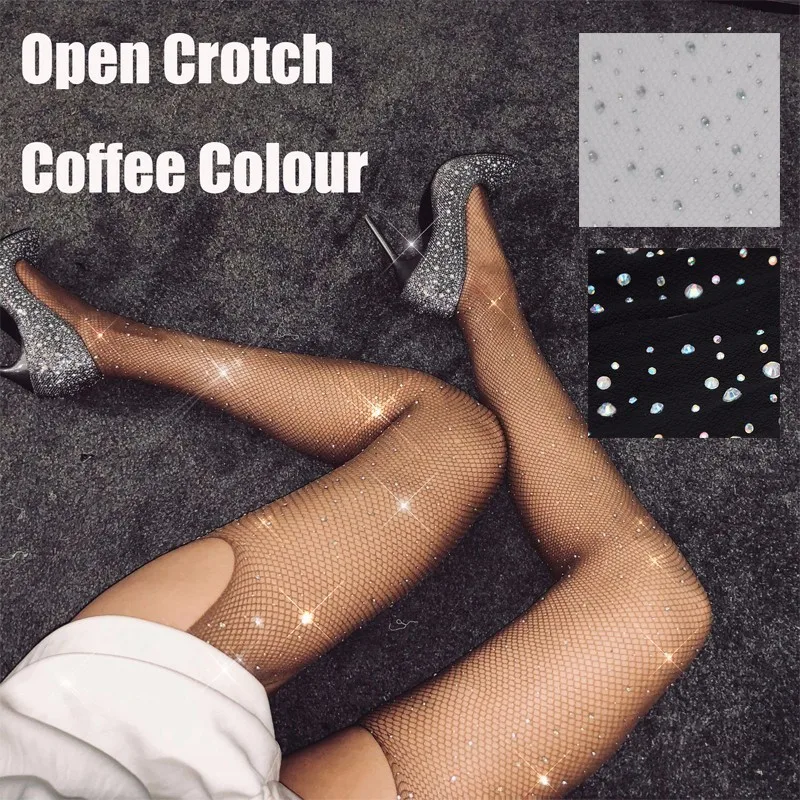 open crotch coffee Женские чулки со стразами Collant Femme Lenceria алмазные сексуальные колготки прозрачные ажурные чулки, колготки алмазные вечерние SW065 - Цвет: open crotch coffee