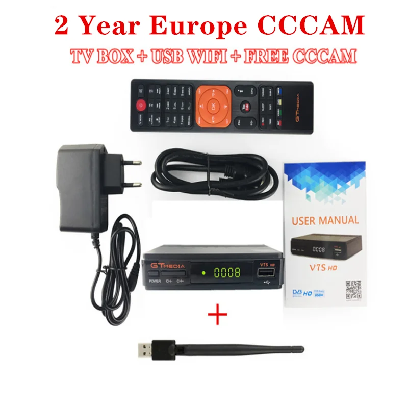 Спутниковый ТВ-приемник Gtmedia V7S HD Receptor DC 12 В/1.2A поддержка Европы Cline DVB-S2 спутниковый декодер Freesat V7s HD+ USB WiFi - Цвет: V7S-WIFI-2 YearCCCAM