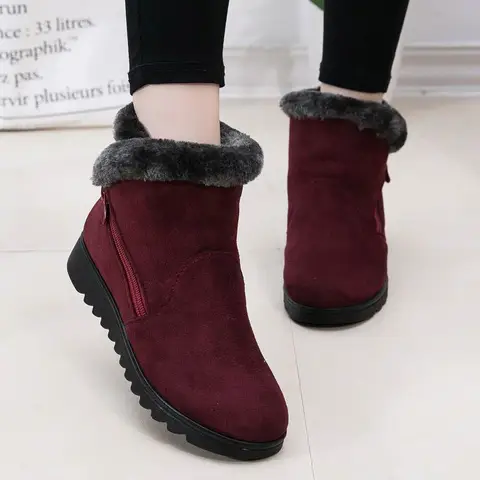 snow boots women flat with warm Fur suede wedge ankle boot women casual shoes zipper footwear plus size black red shoes