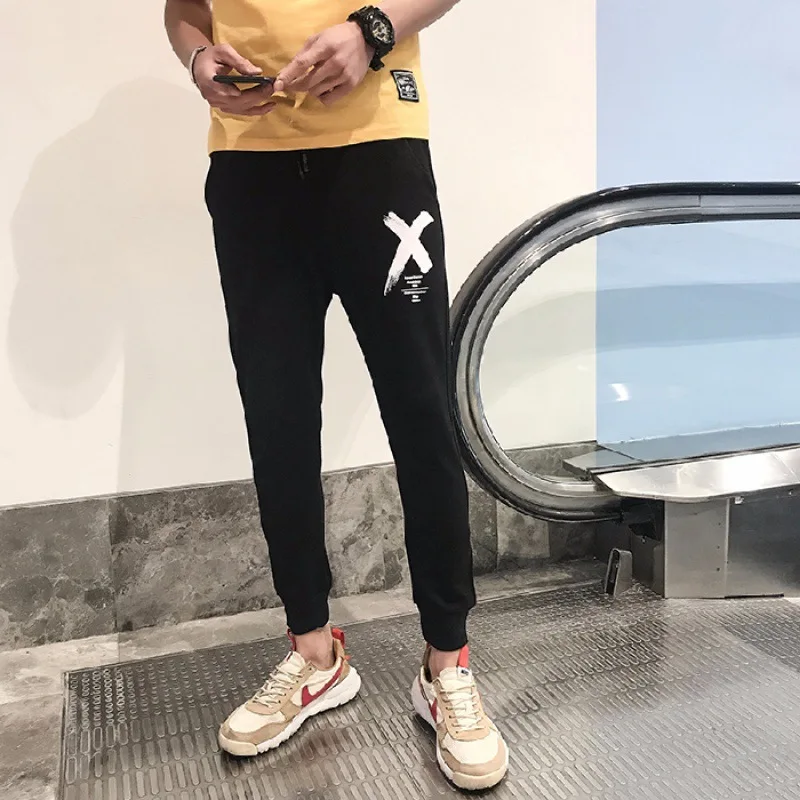

Autumn & Winter Casual Pants MEN'S Trousers Hong Kong Style New Style Black And White with Pattern Trend Beam Leg Skinny Pants L