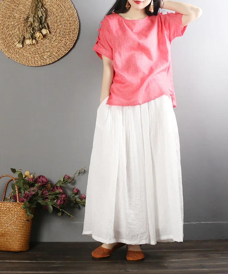 Chinese Style Cotton Linen Tops Casual Tshirt Retro Button Short Sleeve Summer National Loose Solid Color Loose T-Shirt Blue