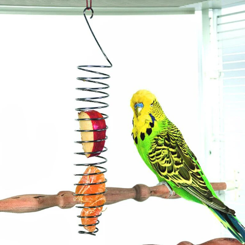 Alimentador en espiral colgante portátil de acero inoxidable, cesta de comida para pájaros, juguete de forrajeo para pájaros loros, soporte para frutas y alimentos para mascotas