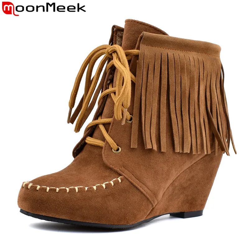 

MoonMeek plus size 34-43 fashion ankle boots round toe fringe high heels wedges autumn winter boots lace up ladies prom boots