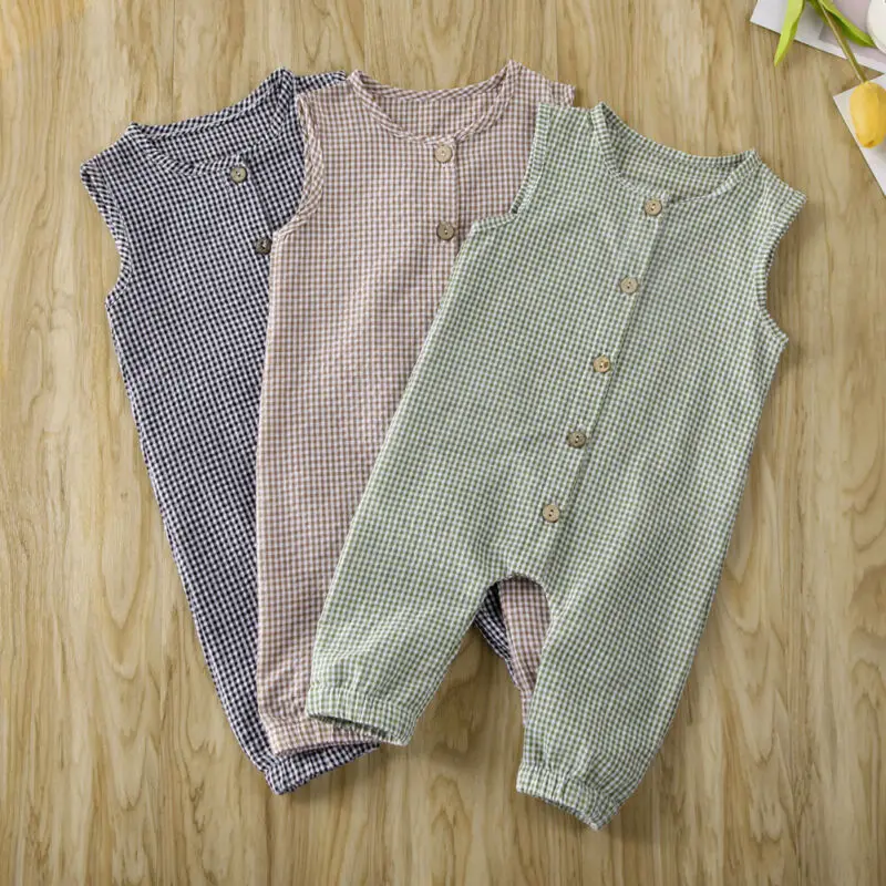 Summer Infant Newborn Kids Baby Girl Boy Sleeveless Plaids Romper Jumpsuit One Pieces Outfit Button Casual Clothing | Мать и ребенок