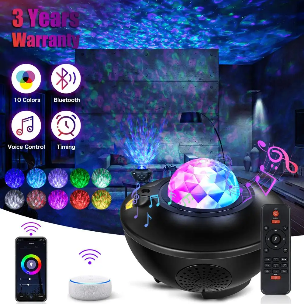 Proyector de galaxia con luz de cielo, estrella de Crepúsculo, proyección de olas oceánicas, Altavoz Bluetooth, Control por voz, Luz Navideña