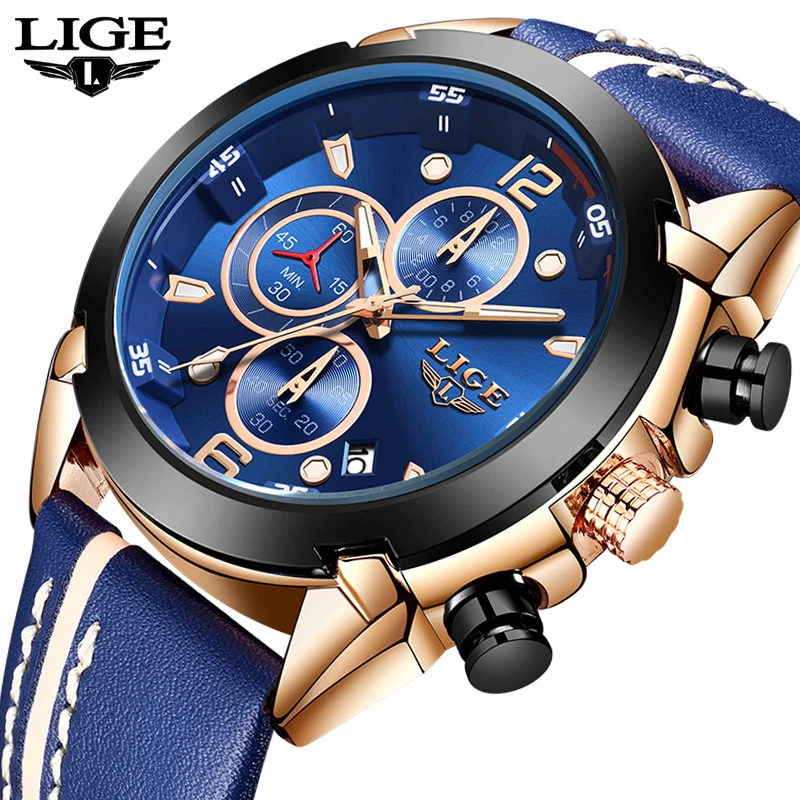 

LIGE Fashion Watch Men Trend High Quality Leather Sports Quartz Men's Watch Male Waterproof Chronograph Clock Relogio Masculino
