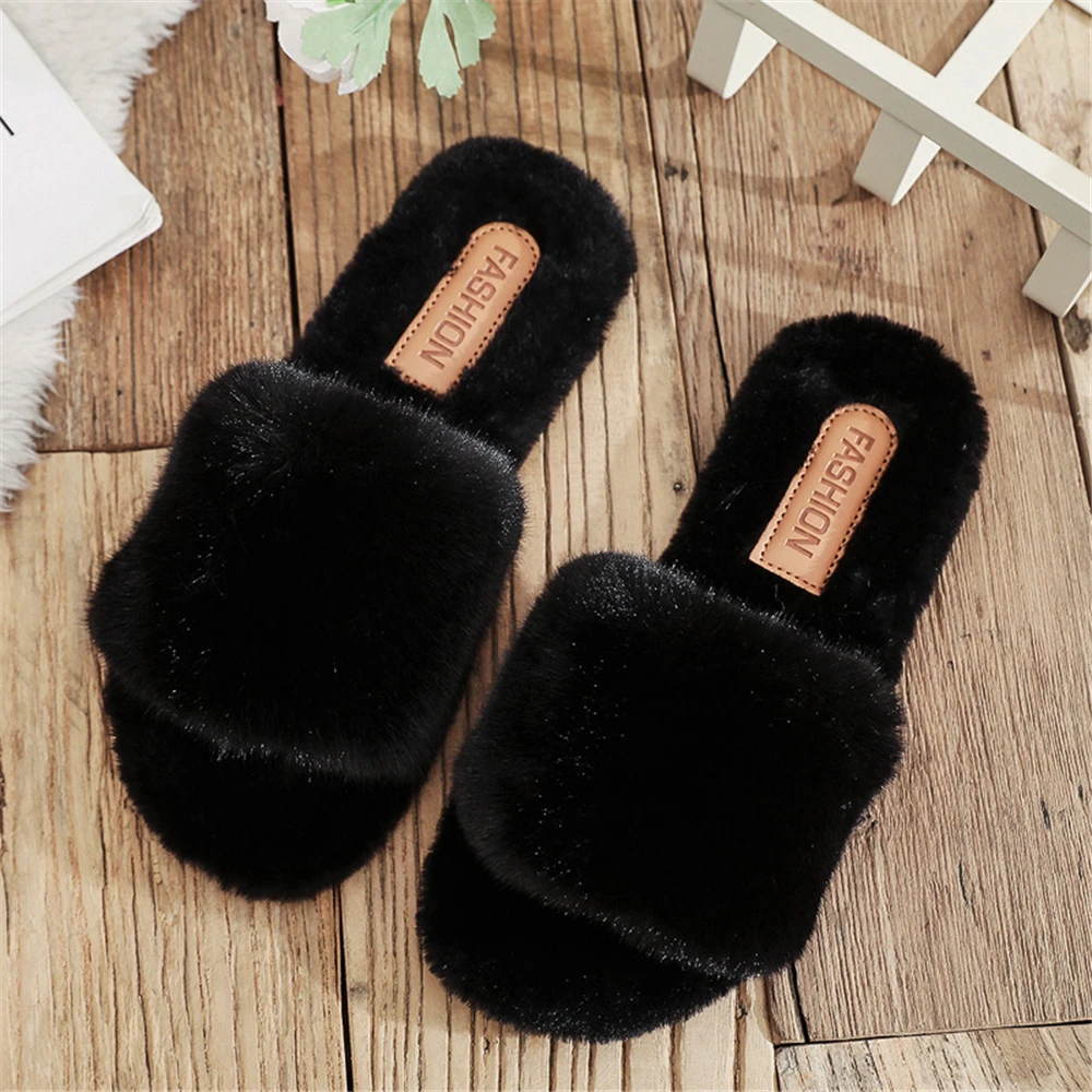 2023 Winter Women Furry Slippers Soft Plush Faux Fur Floor Shoes Indoor Ladies Warm Home Slippers Open Toe Fluffy House Slides 4