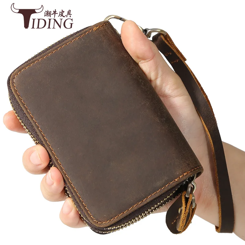 

Tiding Hot Selling Genuine Leather Double Layer Zipper Multi-Compartment Wallet Women's Vintage Horse Leather Wallet Wallet Men'