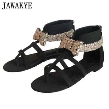 

JAWAKYE Rhinestone Bowknot Beach Sandals Woman Open Toe Black Apricot Hollow Outs Flat Summer Shoes Sweet Vacation Fairy Shoes