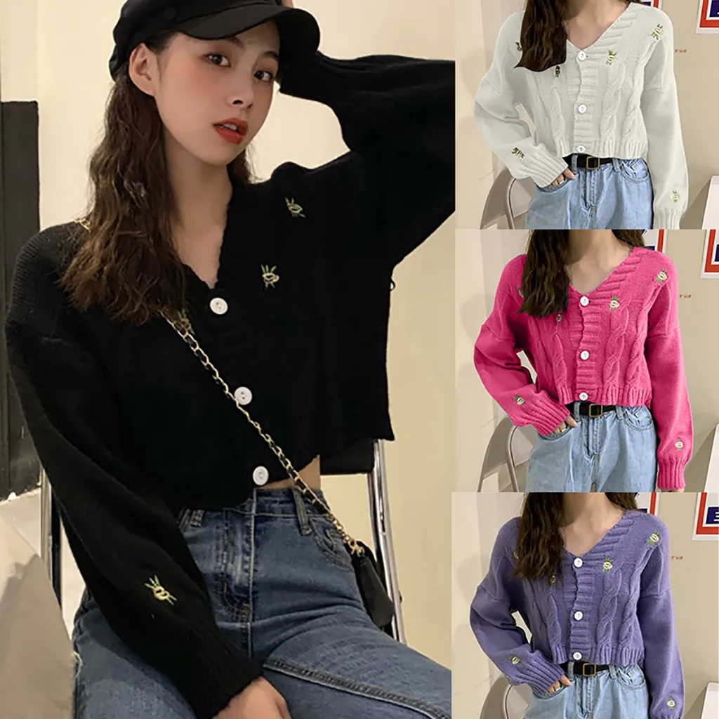 

Women Casual Embroidered Sweater Autumn and Winter Loose Casual Wild Knitted Top Fashion Daily V-Neck Short Women Top One Size
