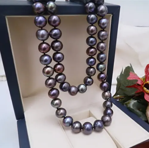 

18inch Charming 9-10mm natural tahitian black pearl necklace 18nch 925silver