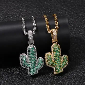 

Cactus Pendant Necklace for Men Hip-Hop Punk Jewelry Women's Necklace Gift Rapper Accessories Green Cubic Zirconia Copper