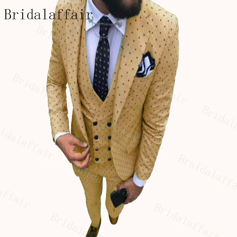 Bridalaffair, мужской костюм Poika в горошек, 3 предмета, желтый/серый/бежевый/белый/небесно-голубой смокинг с тупым углом, Женихи, мужские свадебные/вечерние