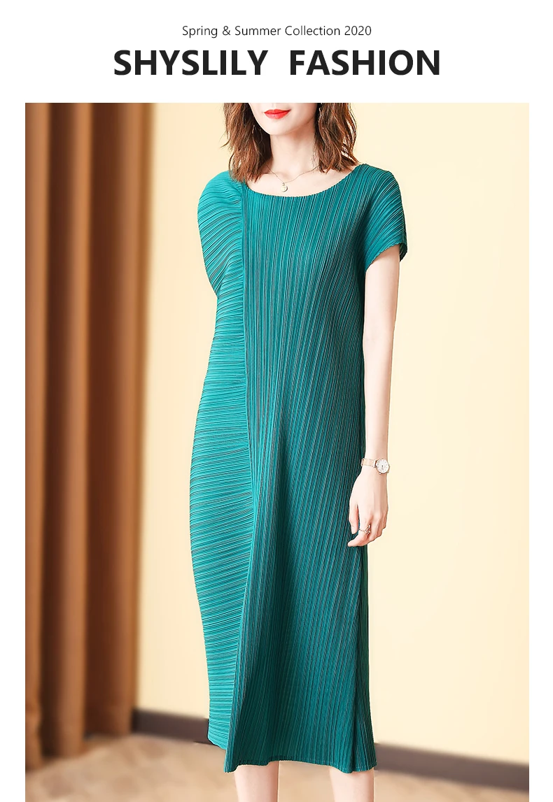 

HOT SELLING Fashion the new Miyake fold solid dress short sleeve o-neck straight dress IN STOCK