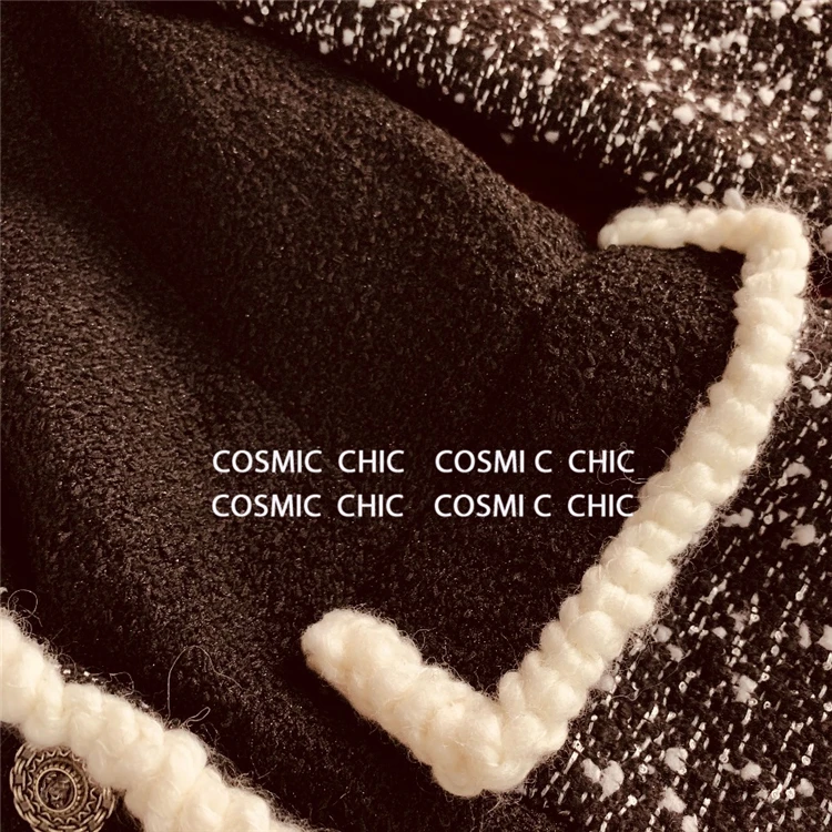Cosmicchic SS женское дизайнерское шерстяное твидовое пальто черного и белого цвета с отворотом и боковыми карманами, теплые куртки с отворотом, роскошное пальто