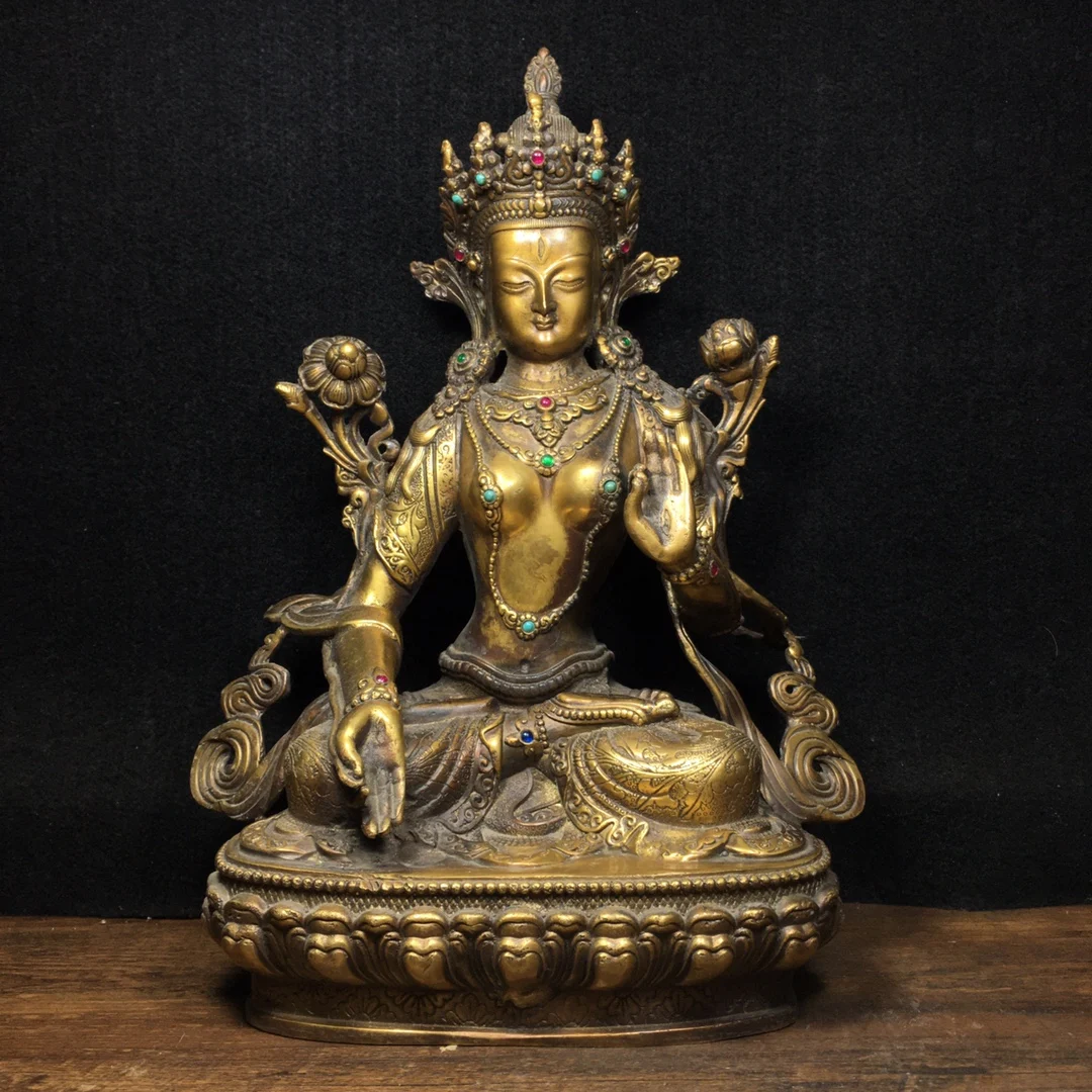 

12"Tibetan Temple Collection Old Bronze Mosaic Gem White Tara Buddha Lotus Terrace Sitting Buddha Worship Hall Town house