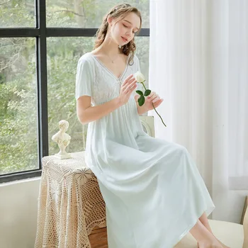 

Sexy Women Night Dress Lace Nuisette Sexy Cotton Night Gown Solid Sleep Shirt Sheepwear Long Gecelik Sexy Elegant Nightgown