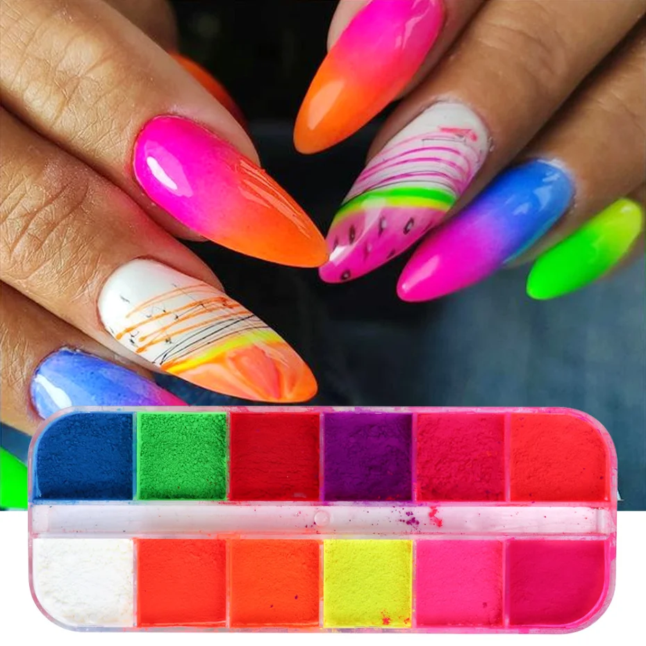 1Box Nail Powder Neon Phosphor Fluorescent Pigment Set Glitter Ombre Chrome Dust DIY Gel Polish For Nails Art Decor NFYE | Красота и