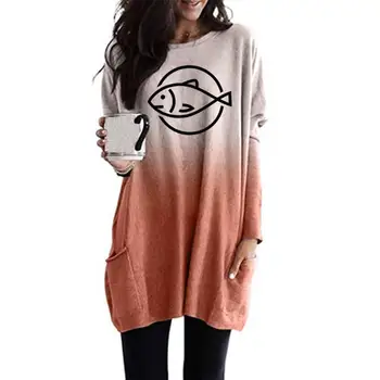 

New Fashion Fish Letters Print T-Shirt For Women Gradient Long Sleeve Pocket T-Shirt Tops Harajuku Women Tshirt Summer Punk