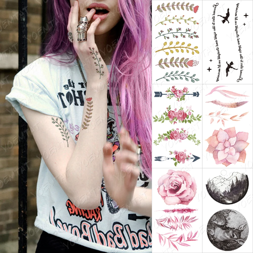 

Waterproof Temporary Tattoo Sticker Rose Peony Flower Arrow Letter Chain Flash Tatto Woman Girl Child Arm Body Art Fake Tatoo