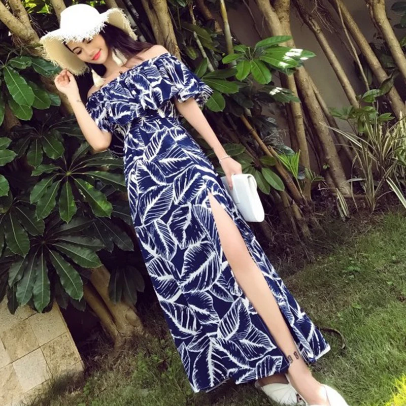 Preise Sommer Frauen Blau Gedruckt Party Kleid Elegante Lange Tropical Trägerlosen Urlaub Koreanische Chiffon Maxi Strand Sommerkleid Runway 2020