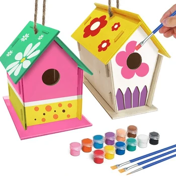 

Crafts Suitable for Children 4-8 Years Old-2 Pieces DIY Bird House Set-Build and Paint Birdhouse Wooden Artwork
