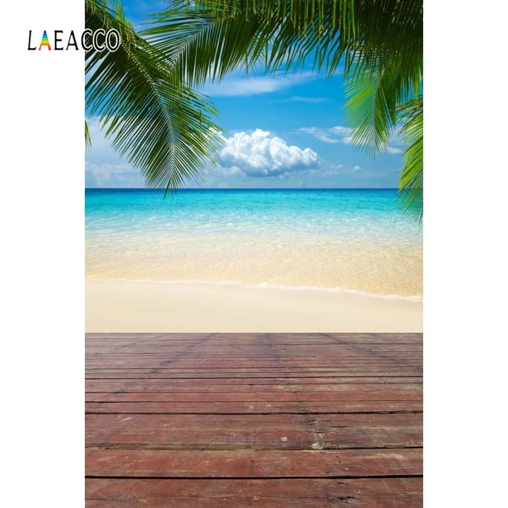Laeacco Sea Ocean Seaside Beach Plums Tree Wooden Floor Photography Backdrops Summer Photographic Backgrounds For Photo Studio |