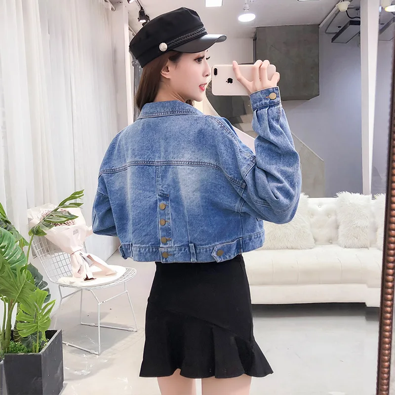 

2019 Autumn New Style Korean-style Harajuku BF Bat Sleeve Students Versatile Jacket Slim Fit Tops Jeans Coat WOMEN'S Dress