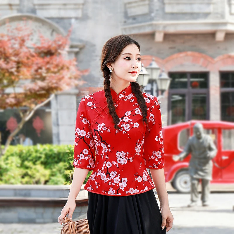 S-4XL китайские красные рубашки женская блузка в китайском стиле Hanfu винтажные топы