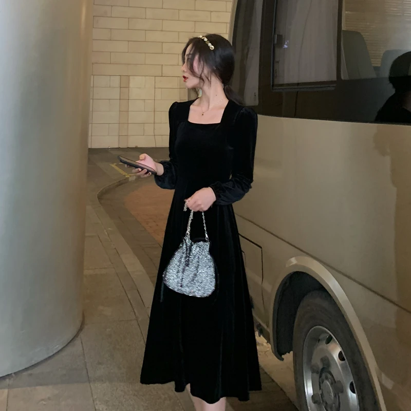 Будет падать на новое ретро бархатное черное платье Одри Хепбёрн вечерние со