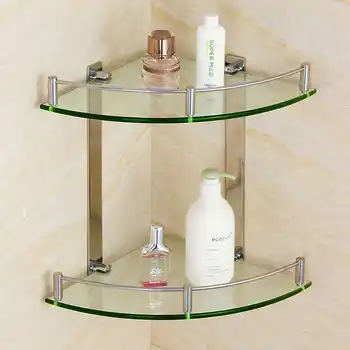 

Modern Bathroom Glass Corner Shelf 2 Layer Wall Mounted Shelf Stainless Steel Tripod Corner Frame W/Accessories for Bathroom