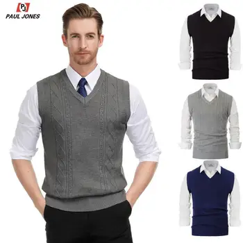 

PAUL JONES Men's V Neck Sleeveless Knitwear Vest Cable Knitted Pullover Vest Solid Color Slim Fit Classic Jumper Sweater PJ0177