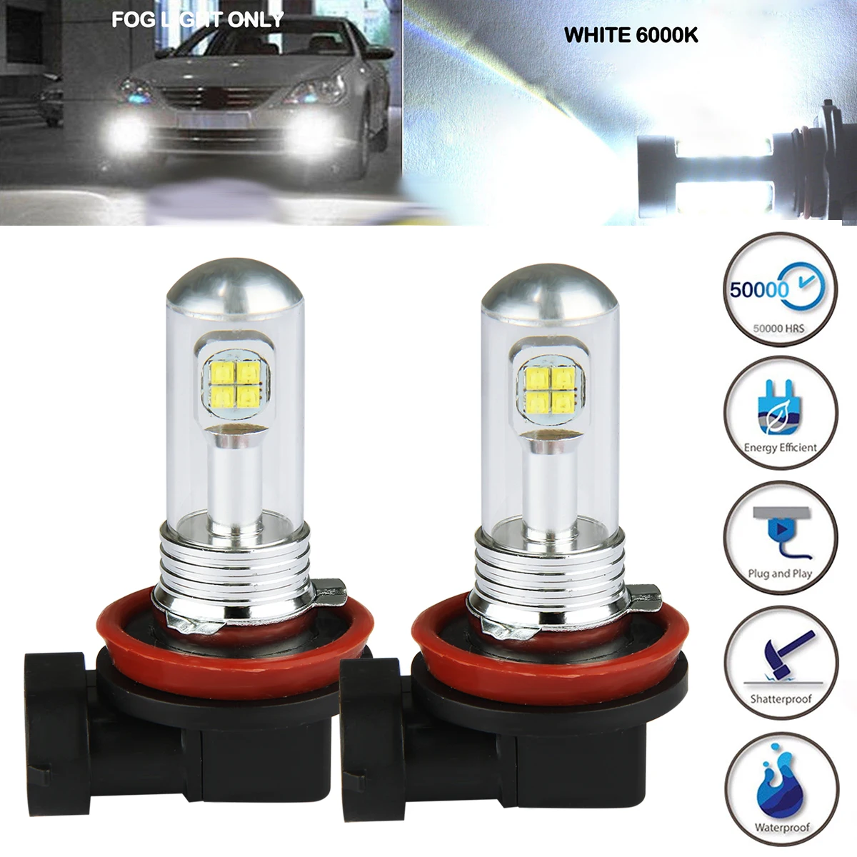 

2pcs 16LED Car Fog Driving Light Lamp Bulb White Super Bright LED Fog Lights Bulbs 6000K DC12-24V Low Power Consumption