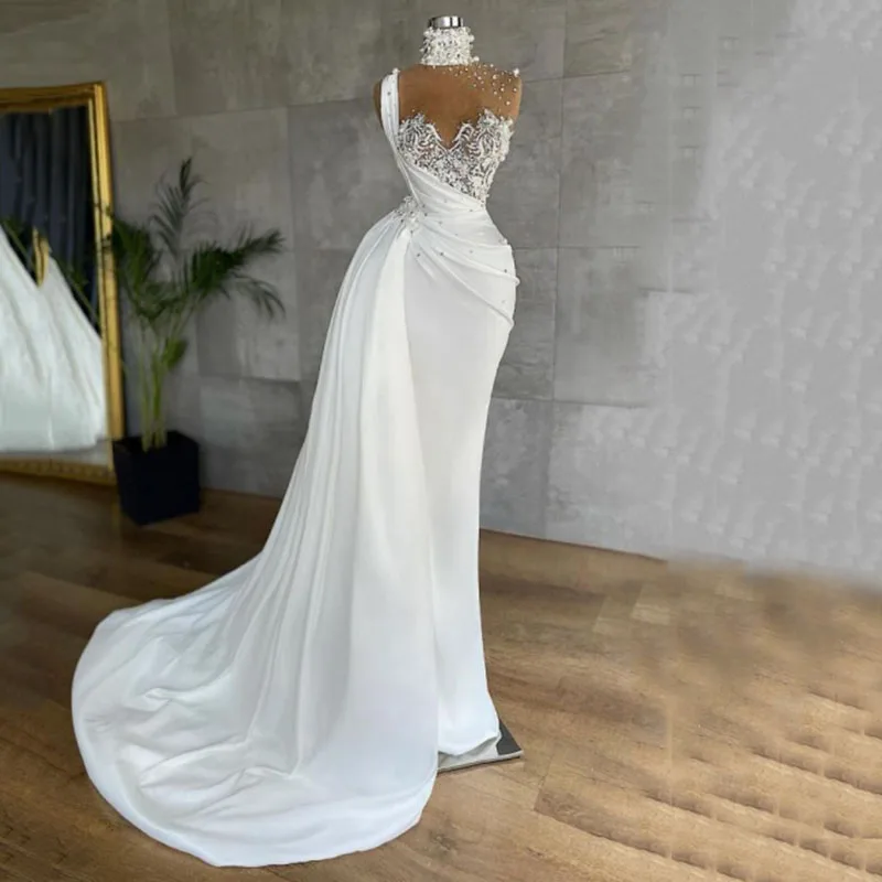 SoDigne Arabic Satin Mermaid Evening Dress 2022 High Neck Sexy Illusion Pearl Lace Evening Prom Gowns Women Party Vestidos