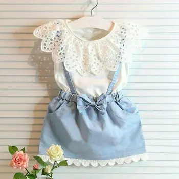 

2PCS Toddler Baby Summer Outfits Kids Girls Clothes T-shirt Tops Denim Dress