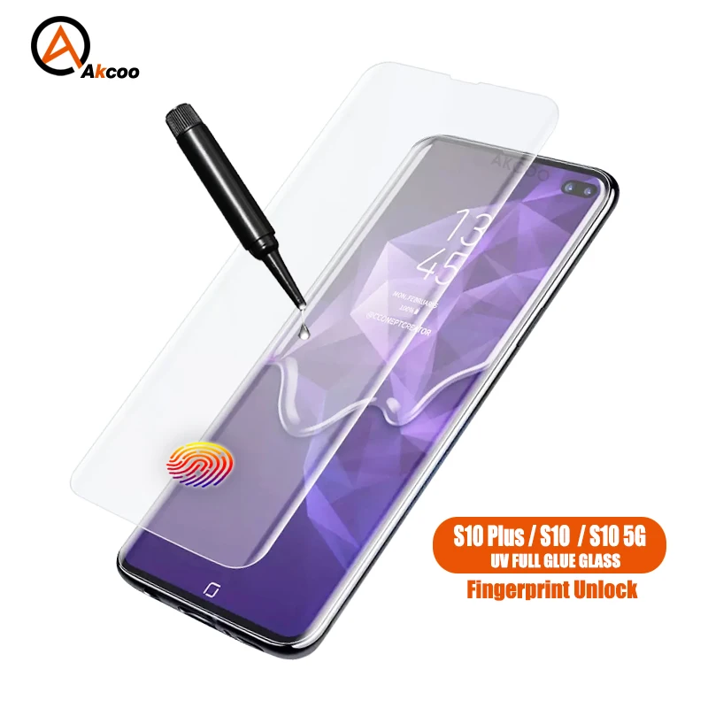 Защитное стекло Akcoo закаленное УФ с полным покрытием для Samsung Galaxy S10 Plus защита экрана распознаванием