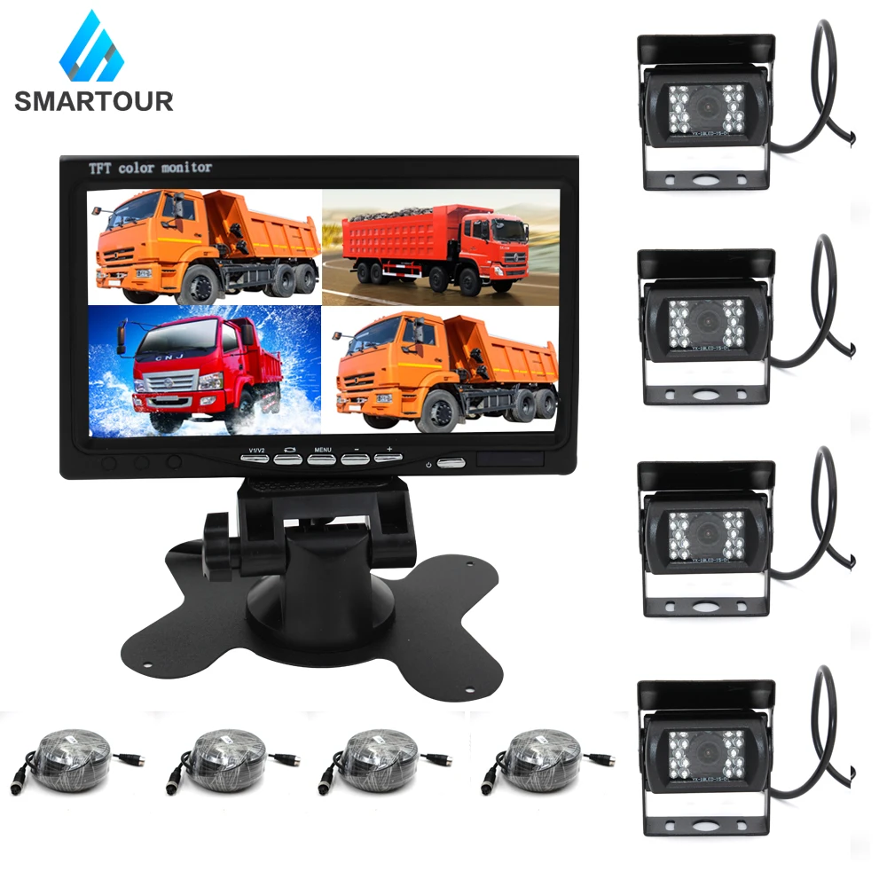 

Smartour car Reversing Parking Backup 4 Camera 18 LED IR Night Vision + 7"LCD 4CH Split Monitor for Bus Truck Motorhome 12V-24V