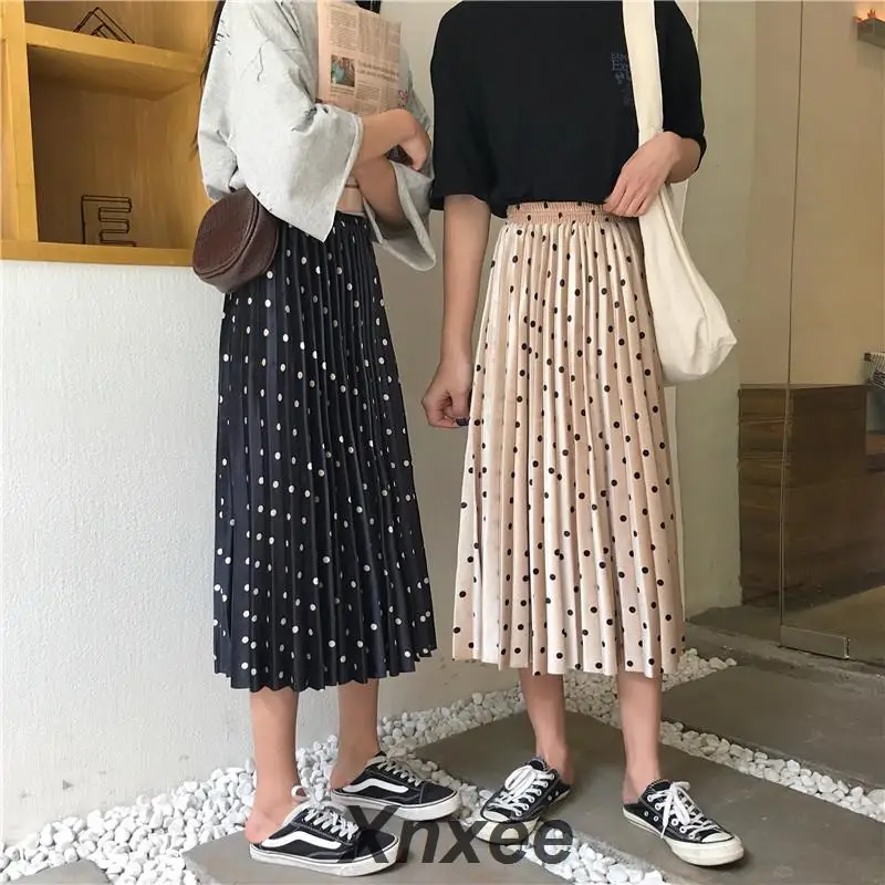 

2019 autumn Skirts Women Fashion Velvet A-Line Pleated Dot Gorgeous Female Casual Elastic Waist Midi Skirts streetwear Xnxee