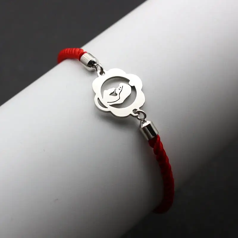 Cute Bear Stainless Steel Virgin Mary Maria Bracelet Lucky Red Thread Rope Adjustable Charm Bracelets For Women Men Jewelry Gift
