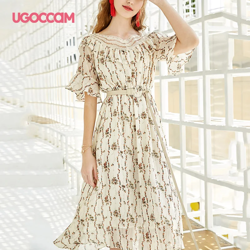 UGOCCAM платье с цветочным рисунком, винтажное платье с цветочным рисунком, платье миди, богемные вечерние платья с оборками, облегающее платье с высокой талией и кисточками в стиле бохо