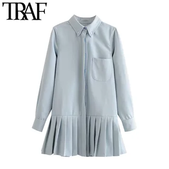 

TRAF Women Chic Fashion Office Wear Ruffled Mini Dress Vintage Lapel Collar Long Sleeve Female Dresses Vestidos Mujer