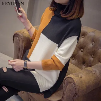 

Plus Size 4XL Women Autumn Turtleneck Loose Sweater Colorblock Long Sleeve Knitted Top Multicolor with Splicing Tops Sweaters