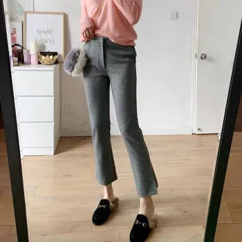 

Women Pants Slim Retro Houndstooth Split Nine-point Cropped Pants Casual Pants