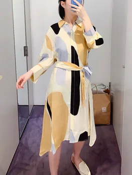 

Women Color Matching Midi Dress Ladies Turn-down Collar Print Irregular Puff Sleeves Female Long Dresses with Sashes 2020 Summer