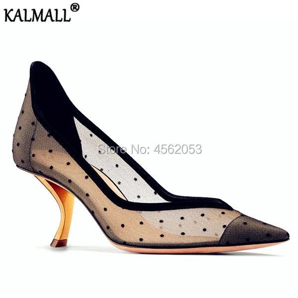 KALMALL/Модные дышащие черные туфли лодочки в горошек с кружевом и сеткой пикантные