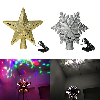 

Christmas Tree Topper LED Snowflake Star Top Light Projection Lamp Light Gold Party Romantic Christmas Decorations For Home