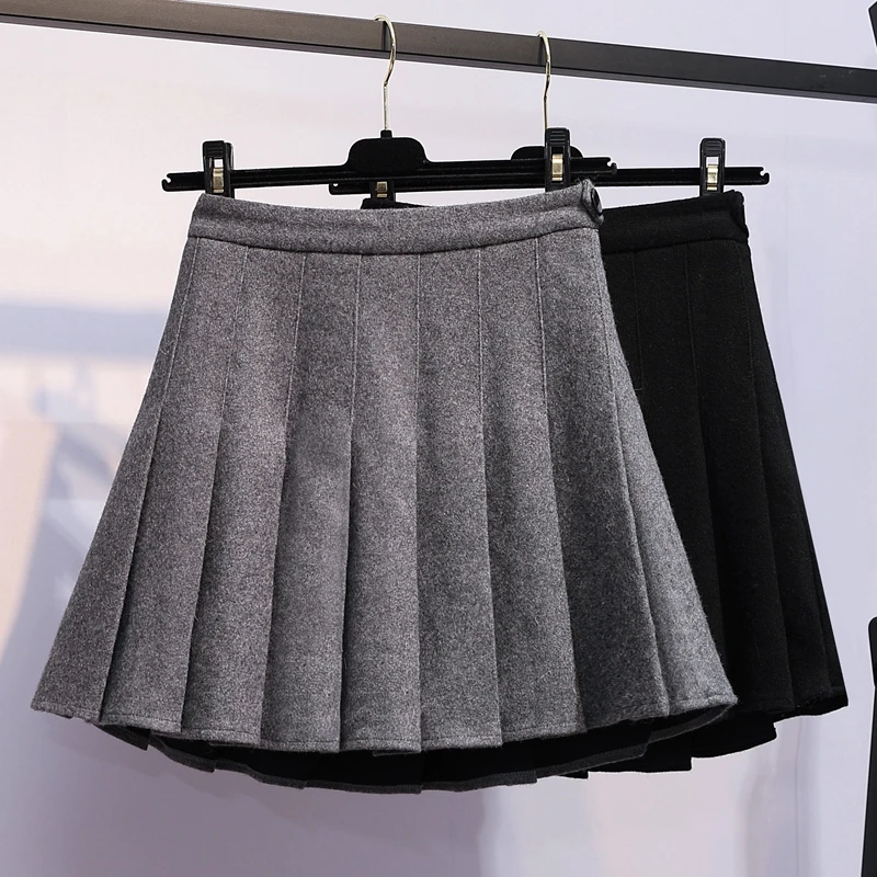 Плиссированные мини-юбки размера плюс на осень и зиму, шерстяные серые плиссированные юбки с высокой талией, корейские женские черные мини-юбки